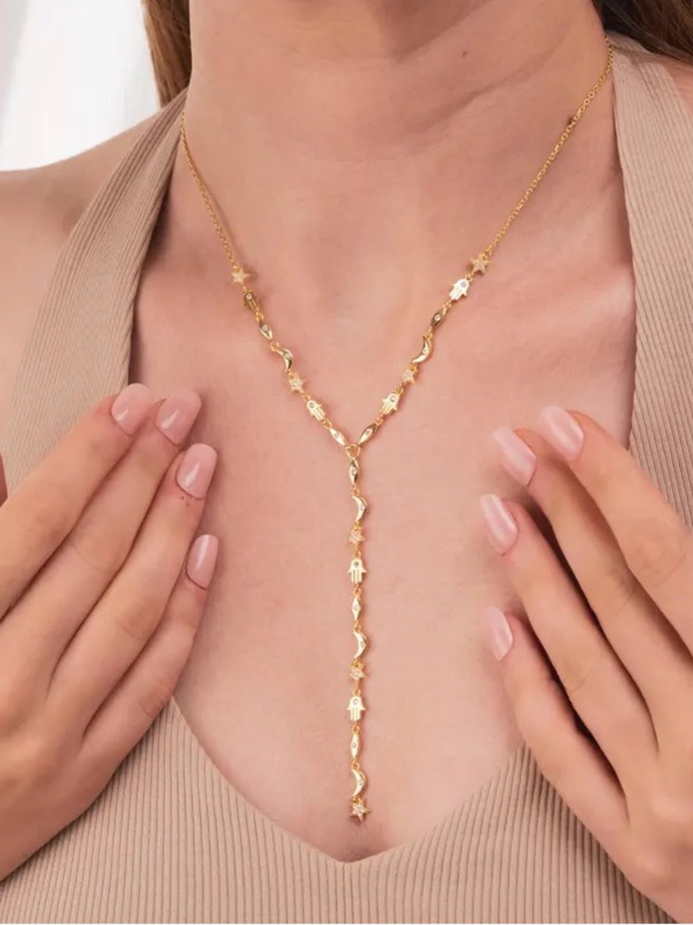 Gold Hamsa, Moon & Star Lariat Necklace - Elegant Women’s Jewelry